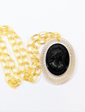 Vintage Art Deco Era Reverse Carved Cameo Necklace Celluloid Lariat